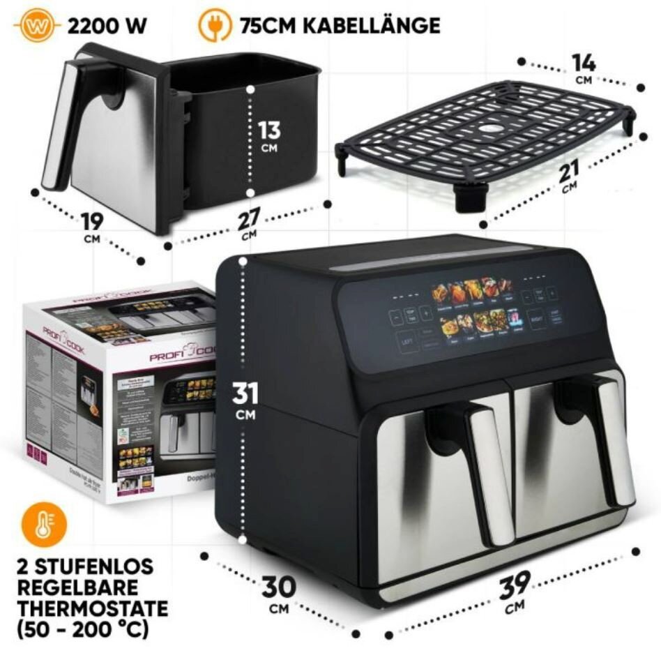 Karšto oro gruzdintuvė PCFR1287H ProfiCook karšto oro keptuvė. – Image 2