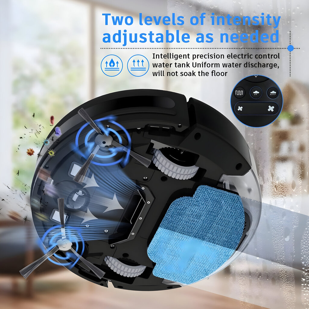 Dulkių siurblys-robotas LIVMAN G20 su išmaniaisiais valymo režimais sausam ir šlapiam valymui, išmaniąja navigacija su pažangiais jutikliais, nuotolinio valdymo pultu, Tuya programėlės valdymu ir integruotu dulkių bei vandens baku, 28W, 1400Pa, 2500mAh, Su plovimo funkcija, Rankinis išvalymas – Image 10