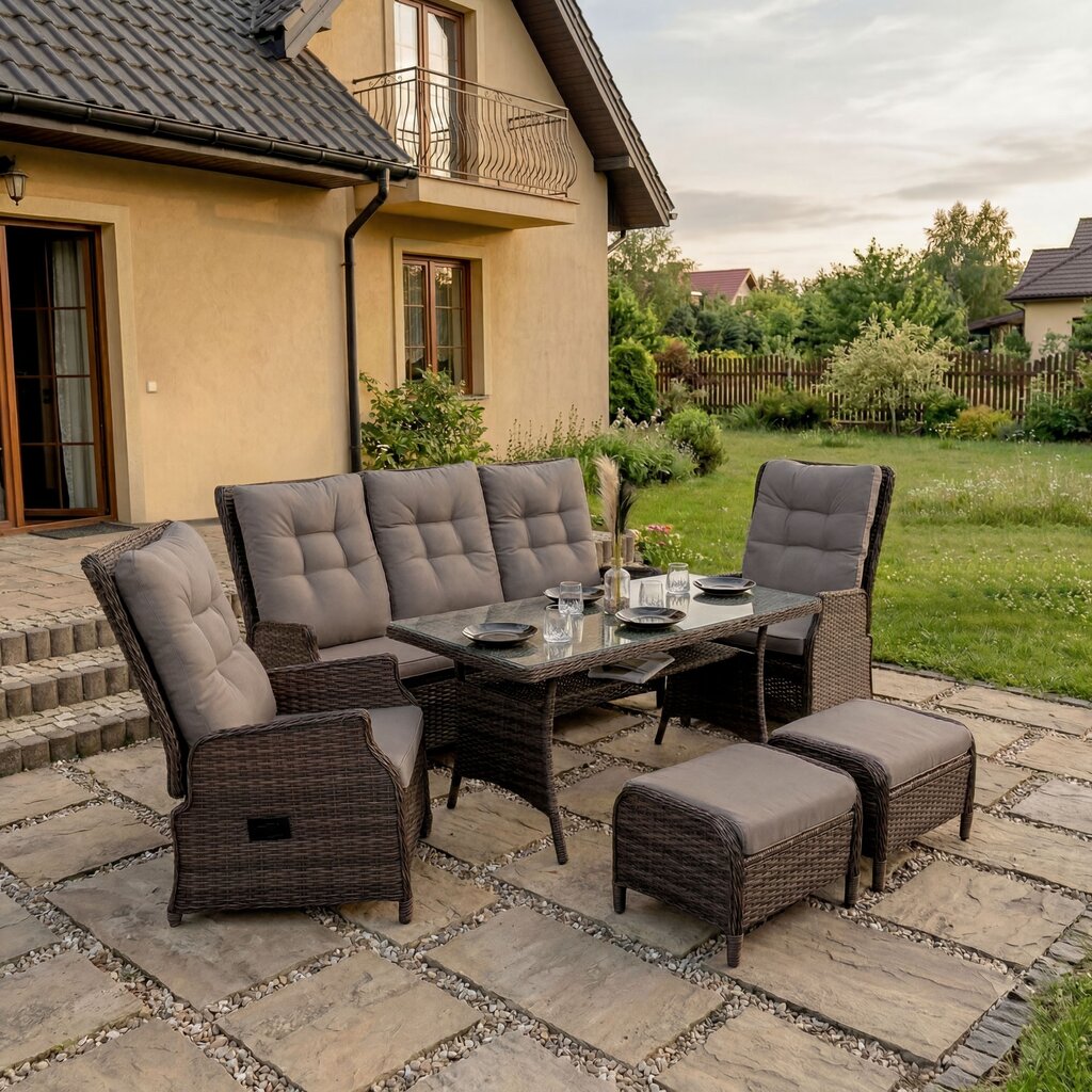 Išskleidžiamas lauko baldų komplektas MARBELLA BIG|Technoratanas|Rudas|Pagalvės pilkos 03 – Image 3